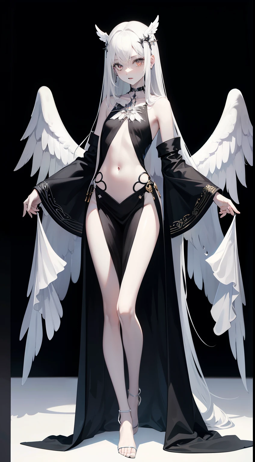 ((best quality)), ((masterpiece)), (detailed), perfect face, Character design, female, long black hair, wearing a white angelic dress with black silver details, white eyes, small frame, very skinny, detailed, best quality, no accesoires around the neck, no shoes, prominent collarbones, skinny arms, flat stomach, visible hip bones, full body, fangs, pale skin, angelic