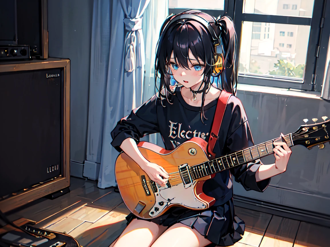 ((masterpiece,best quality)),1girl, solo, black skirt, blue eyes, electric guitar, guitar, headphones, holding, holding plectrum, instrument, long straight hairs, music, one side up, black hair, playing guiter, pleated skirt, black shirt, indoors ,(adult),bangs,(straight on:1.5)