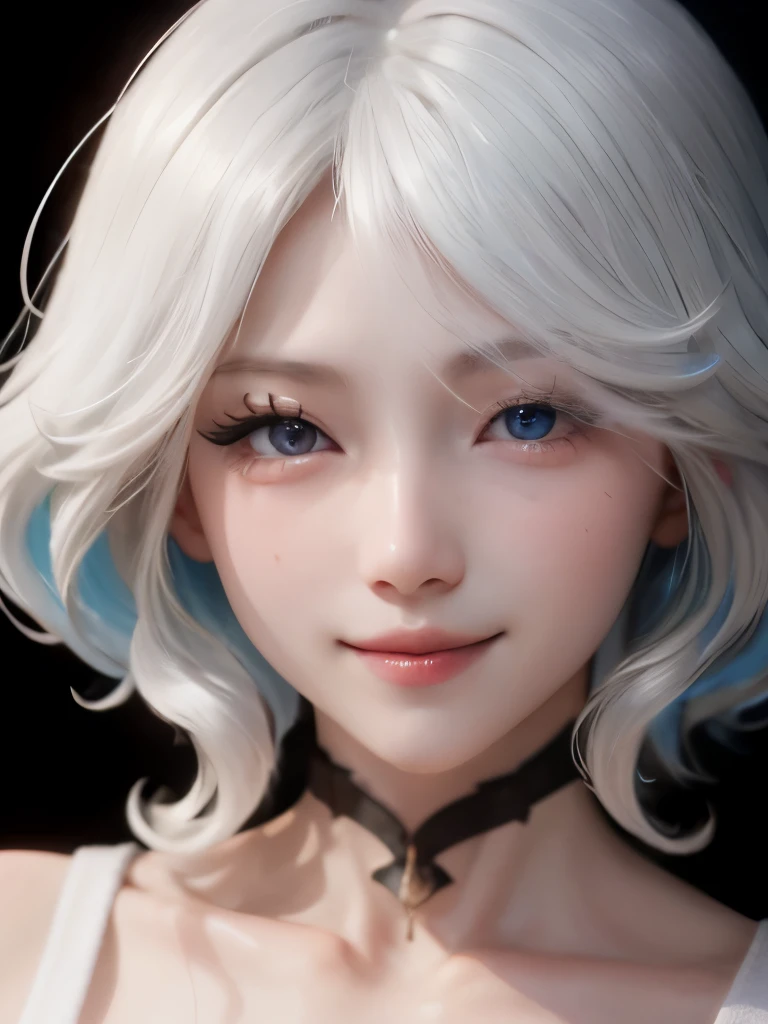 ((best quality)), ((masterpiece)), (detailed), perfect face. Asian girl. Smile. White hair. Small breast. Nipple.