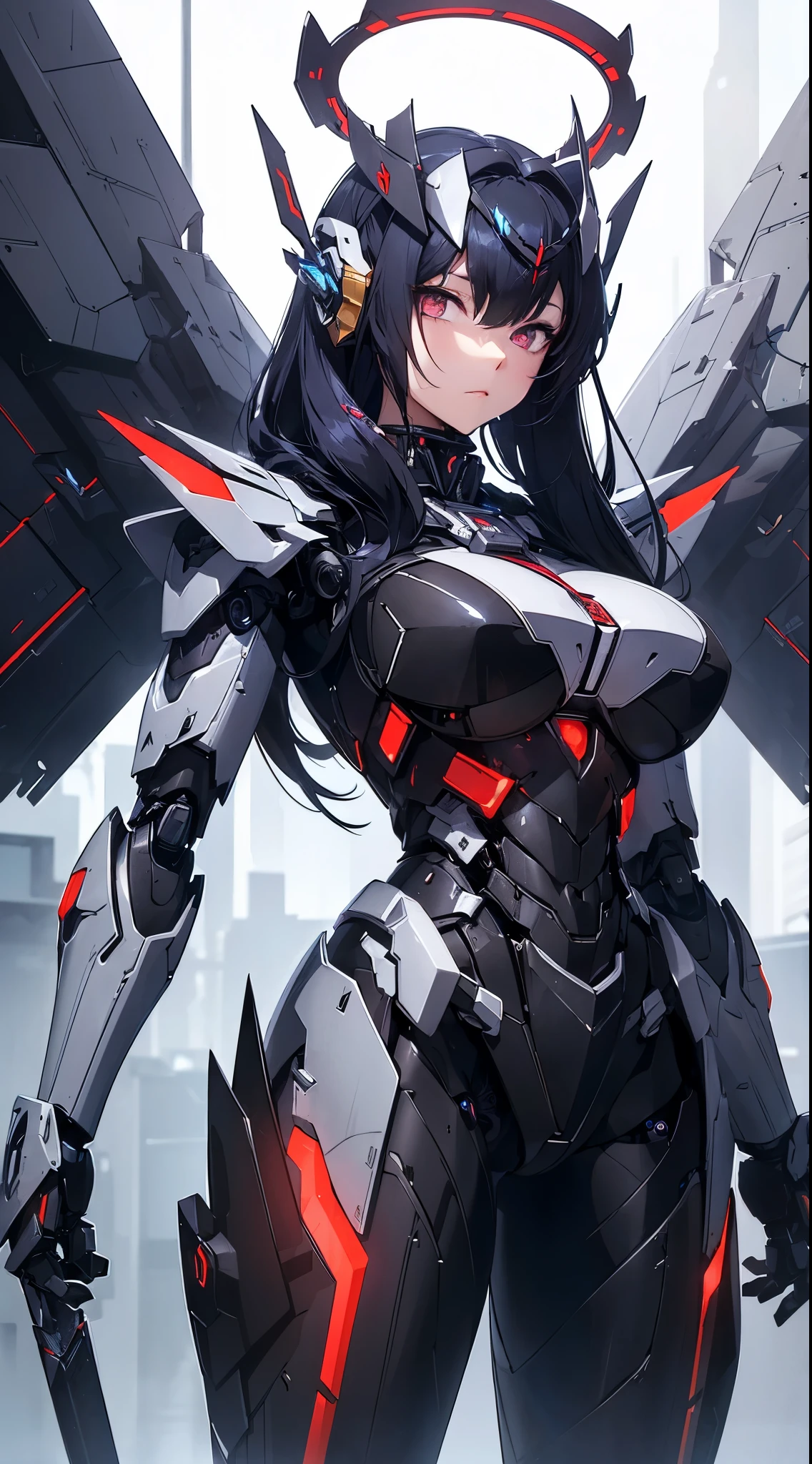Machine eyes glowing red、Expressionless