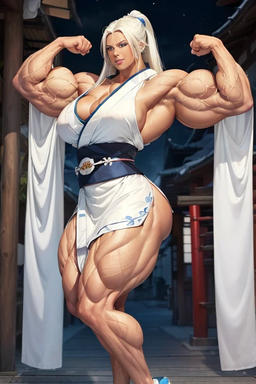 (((((Massive tall, beautiful, buff, brown skinned muscular woman with white hair, blue eyes, ginormous bulky muscles and wearing a beautiful white long Traditional kimono))))), close view, long Traditional kimono, massive muscles, massive biceps, hyper muscle shoulders, (massive muscle arms), hyper muscle triceps, (long straight hair), glowing blue eyes, choker, sandals, (in the Cloudy beautiful village), confident smile, night, hyper vascular arms, hyper muscles arms, hyper muscle legs, (massive arms).