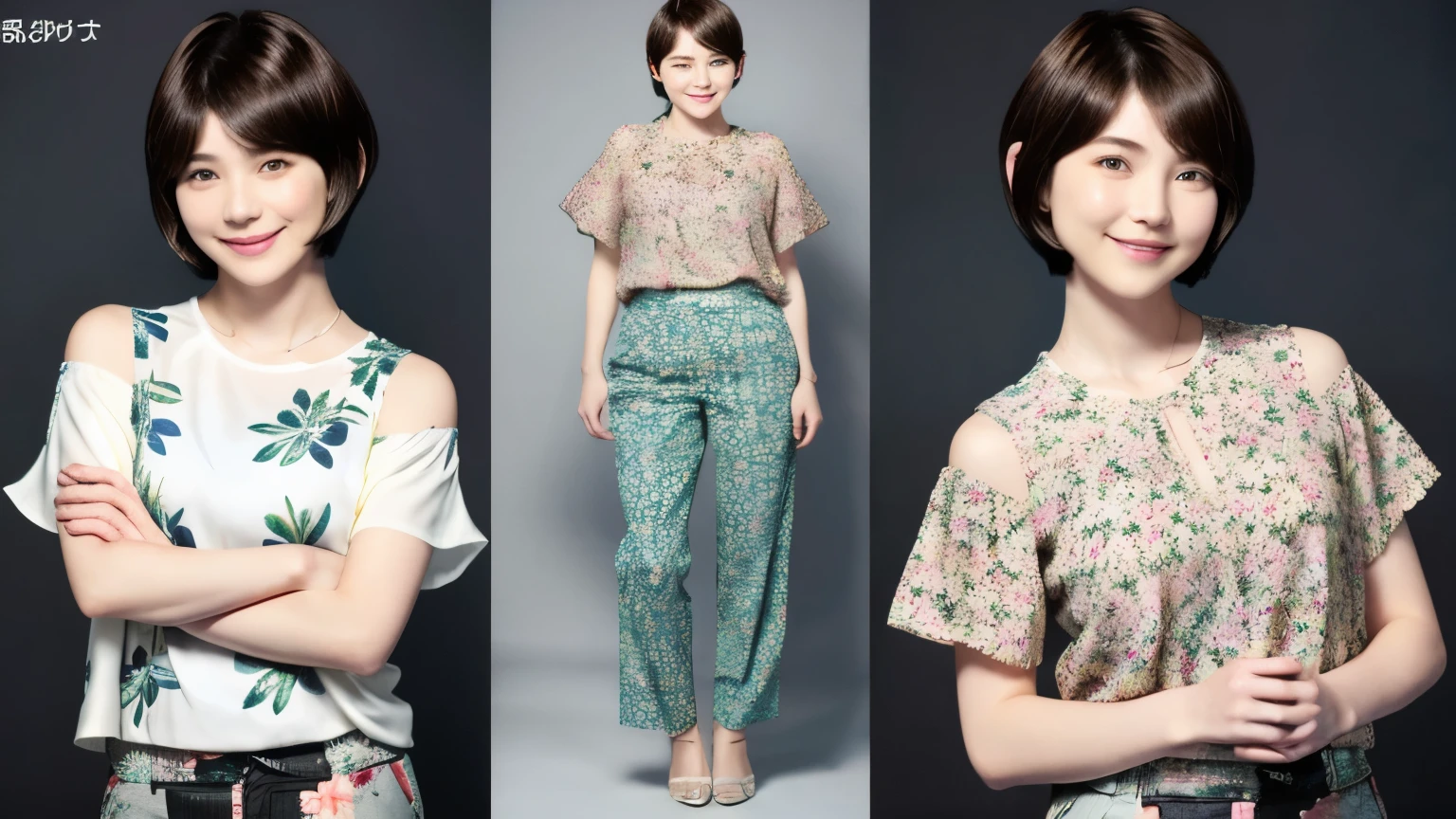 230 (18-year-old female,Floral clothes),  ((short hair:1.46)),  (Pants Style), (A kind smile)