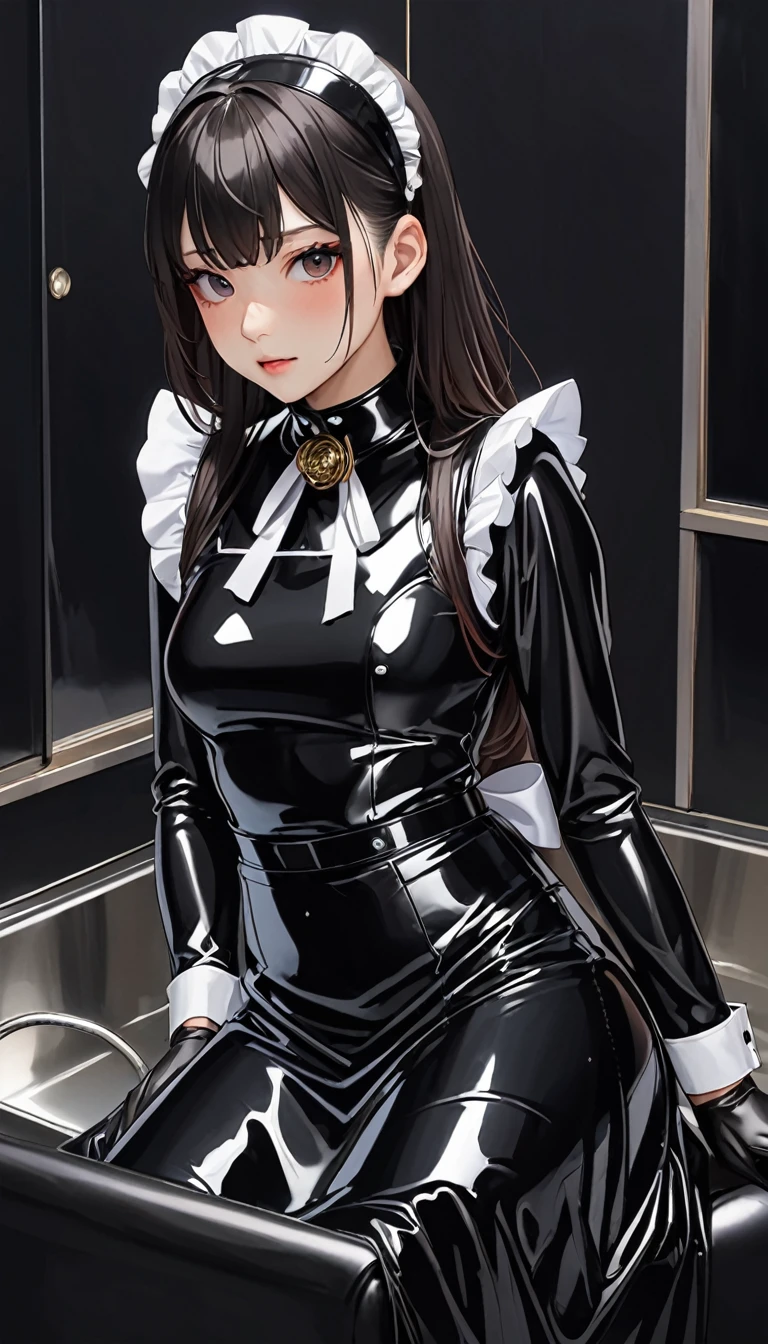 Beautiful Japan 、Latex sailor suit、Long sleeve、Tight long skirt、Latex shirts、Sitting in a chair、Latex has a strong shine, like oil.、The clothes fit very well
