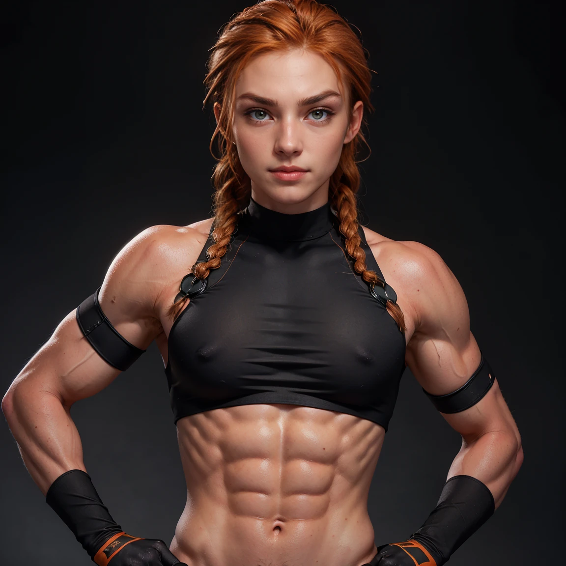 (Muscular:1.1), 1boy, 1girl, muscular male personal trainer, medium penis, fucking Kim Possible (wearing Orange-red hair, braids, green eyes, confident expression, black crop top, black gloves:1.1), anal penetration, in a clean modern gym, look of pleasure in her eyes, open eyes, beautiful face and eyes, bokeh, (freckles:0.8), whole body view, bokeh, detailed eyes, (athletic body:1.0), (muscular body:1.1), (looking at viewer), (aroused, faint smile:1.4), dark studio, rim lighting, two tone lighting, dimly lit, low key (DETAILED SKIN)