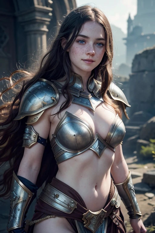 a young girl with pale skin, freckles, dark hair, blue eyes, rosy cheeks, wavy hair, smiling, nude, fantasy warrior armor, high resolution, photorealistic, detailed face, detailed skin, highly detailed, intricate details, cinematic lighting, dramatic colors, dark fantasy