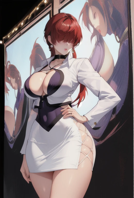 she1, Hair covering eyes, split ponytail, Garment cutting, earrings, Jewelry,)(((Large Breasts、Sagging breasts、Low-cut，Cleavage, Wide hips,)))((Long legs)),Hourglass figure)), mini skirt, White Skirt, Tights, White jacket, Long sleeve,, (masterpiece, best quality,High resolution, Perfect hands), Beautiful Lights, Hook of Holland,