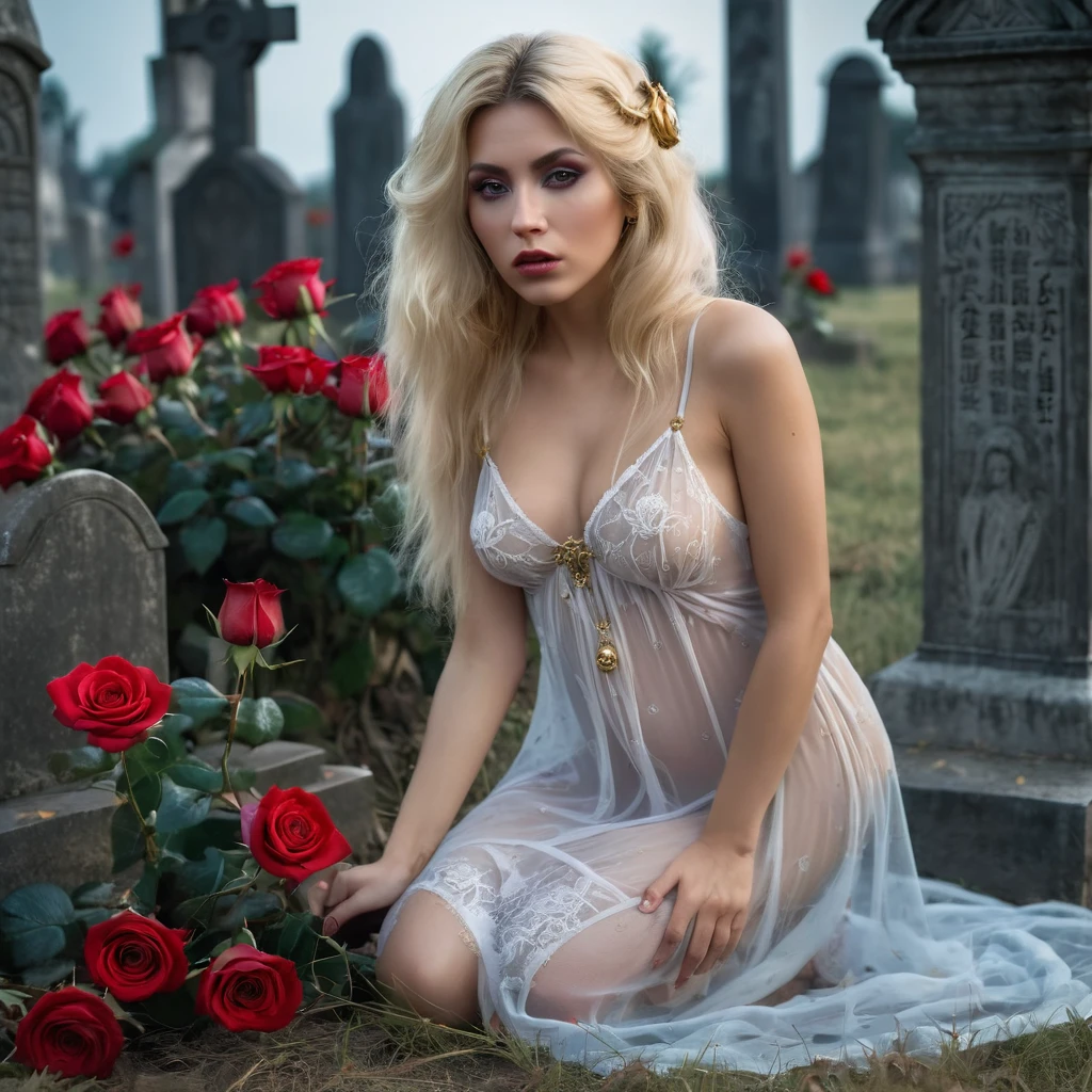 masterpiece, best quality, topless scared sinner with a large nipples under a sheer nightdress, kneeling pose, gold hair, looking at viewer, adult, holding red roses, ancient cemetery