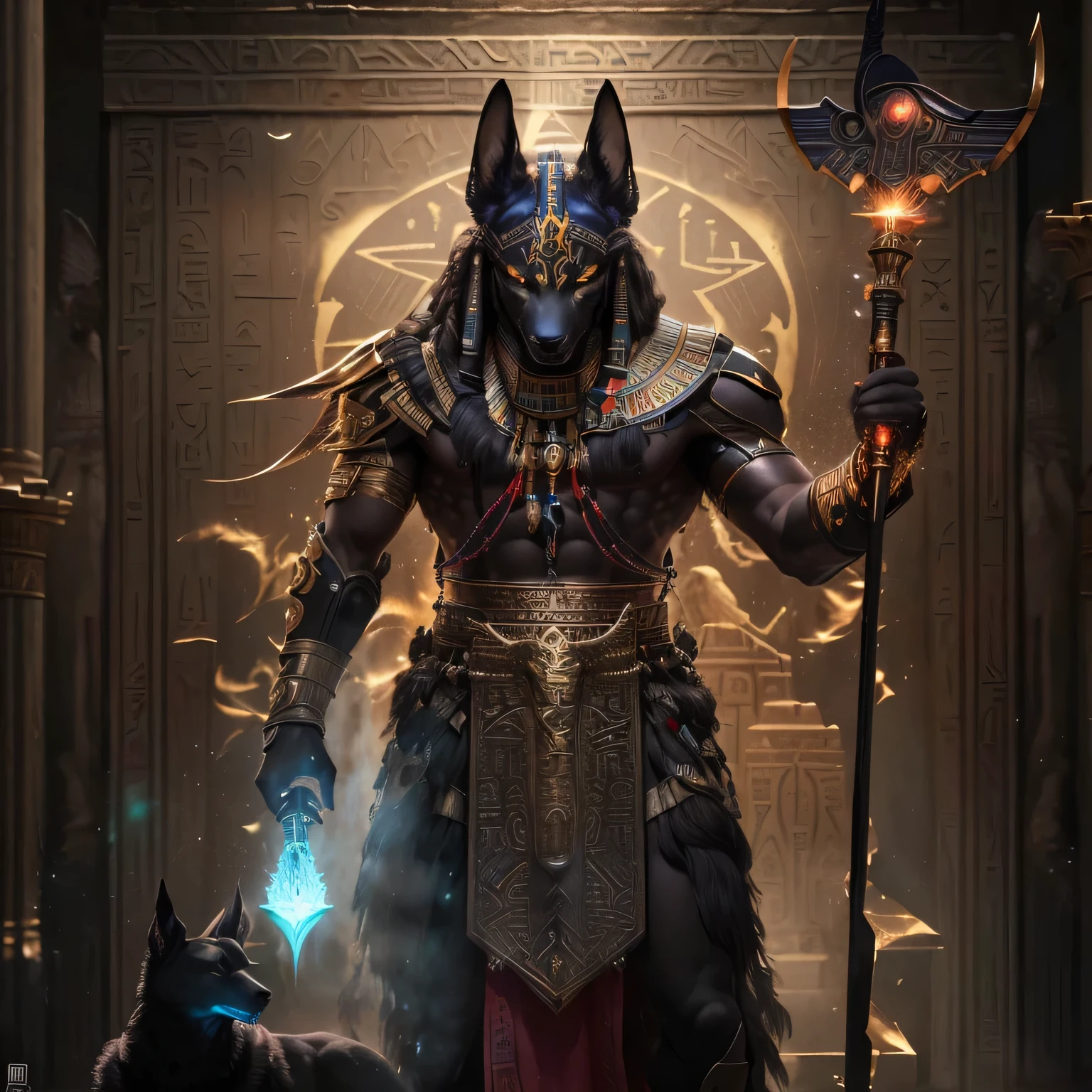 Anubon, the Egyptian god of war and warhammers, photo of ghost of Anubis, the god Anubis, angry god Anubis, Anubis, Anubis reptilian, the Egyptian god, Anubis-reptilian, portrait of Anubis, Egyptian god, Egyptian god, mystical Anubis valkyrie, egyptian samurai, Egyptian gods, storm Egyptian god, generation of super realism, super cool magical effects on the staff, view from the beginning of the torso to the head
