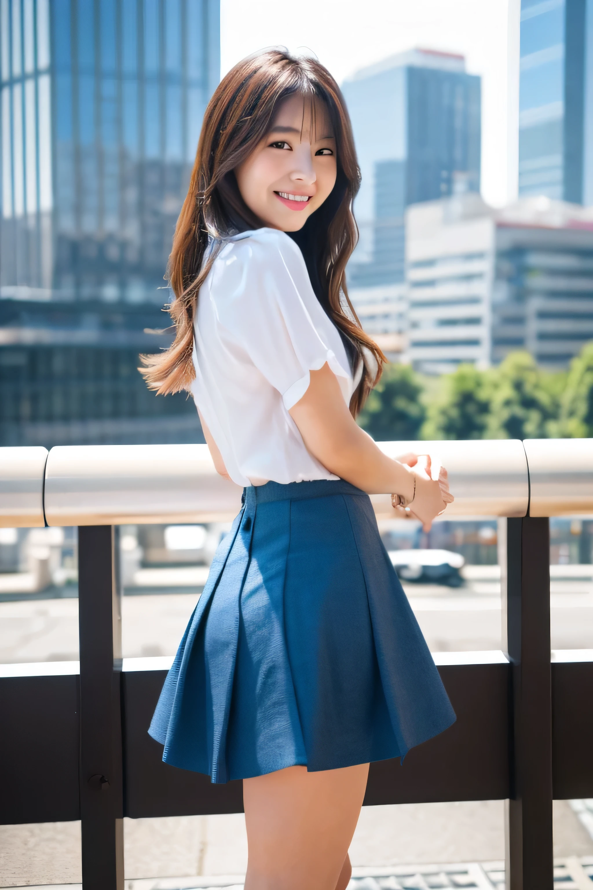 a beautiful japanese woman looking similar to TWICE's Sana, long brown hair, wearing a mini skirt and high heels, blushing and smiling, full body shot, cityscape background, (best quality,4k,8k,highres,masterpiece:1.2),ultra-detailed,(realistic,photorealistic,photo-realistic:1.37),extremely detailed eyes and face,longeyelashes,intricate details,natural lighting,vibrant colors,elegant,beautiful