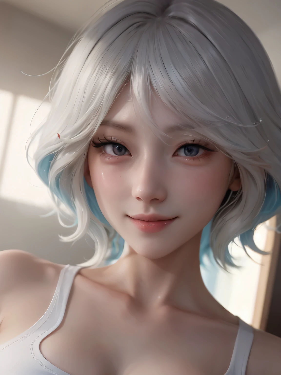 ((best quality)), ((masterpiece)), (detailed), perfect face. Asian girl. Smile. White hair. Tank top. Small breast. Cleavage. Belly.