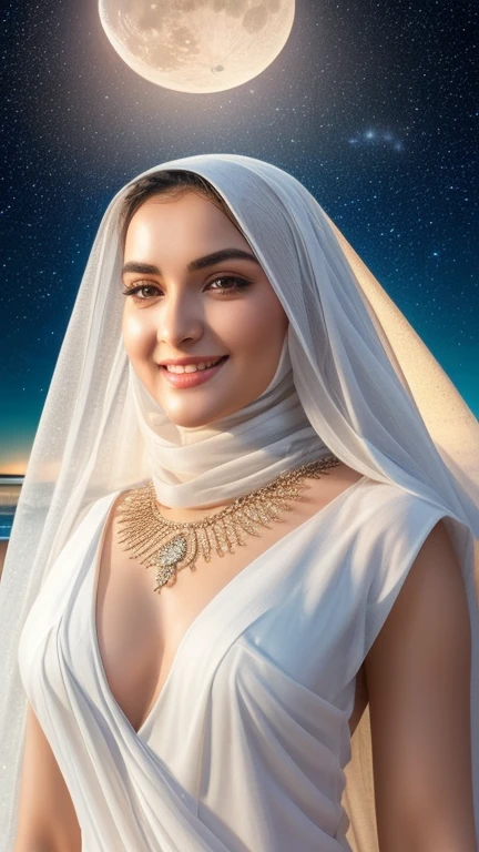 There is a goddess in a white hijab and veil, wear a saphire necklace, detailed face and smile, ((an outstanding scene of fullmoon on a beach Night time starry night as a background)), (detailed detail, ultra sharp, best quality, masterpiece), 