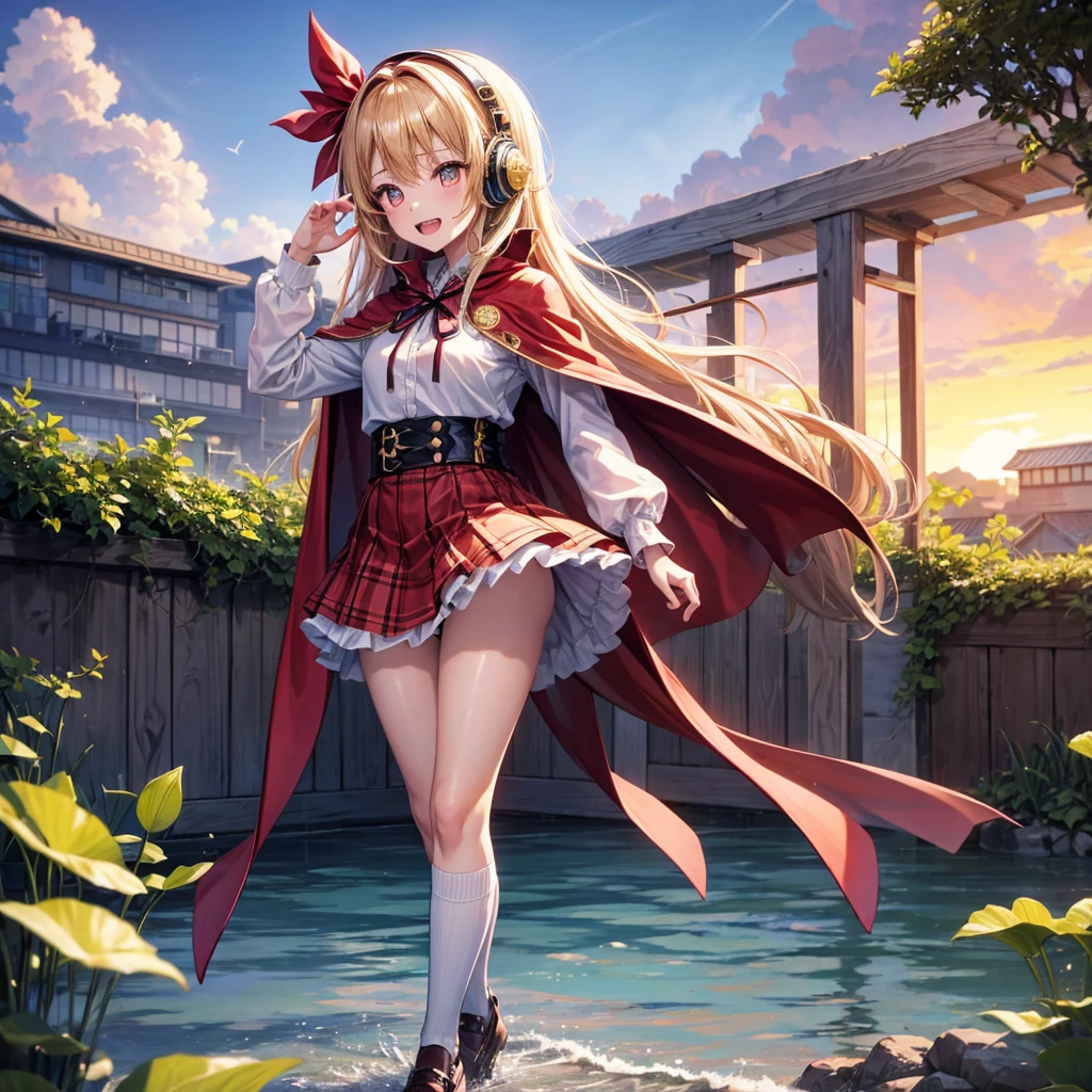 Pink gold golden hair、Golden Eyes、One good looking girl、solo、anime、Checkered mini skirt、Ruffles on the skirt、Red T-shirt、Cape、Gothic、Black knee-high socks、Wearing headphones、Wearing a ribbon、Ribbon on waist、Tilting face、Teeth are visible、Sunset sky、Water Mountain、Piercing the clouds、Contrail、lens、tree、Touching your face、lotus leaves、Cumulonimbus