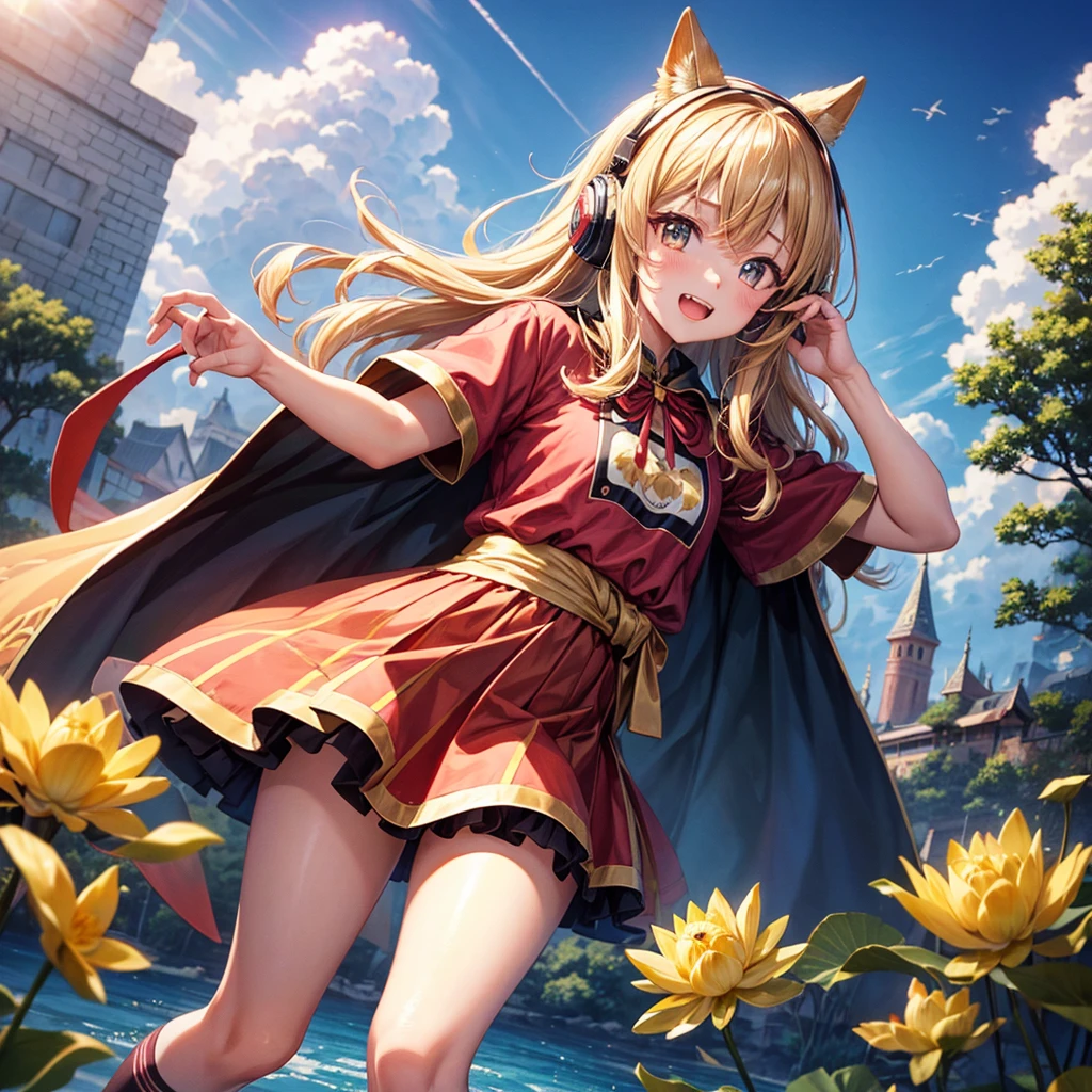 Pink gold golden hair、Golden Eyes、One good looking girl、solo、anime、Checkered mini skirt、Ruffles on the skirt、Red T-shirt、Cape、Gothic、Black knee-high socks、Wearing headphones、Wearing a ribbon、Ribbon on waist、Tilting face、Teeth are visible、Sunset sky、Water Mountain、Piercing the clouds、Contrail、lens、tree、Touching your face、lotus leaves、Cumulonimbus