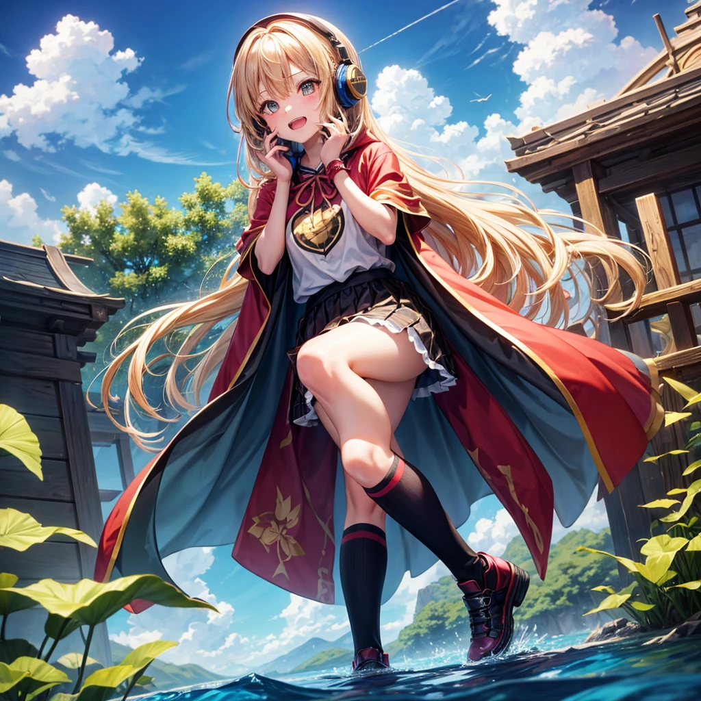 Pink gold golden hair、Golden Eyes、One good looking girl、solo、anime、Checkered mini skirt、Ruffles on the skirt、Red T-shirt、Cape、Gothic、Black knee-high socks、Wearing headphones、Wearing a ribbon、Ribbon on waist、Tilting face、Teeth are visible、Sunset sky、Water Mountain、Piercing the clouds、Contrail、lens、tree、Touching your face、lotus leaves、Cumulonimbus