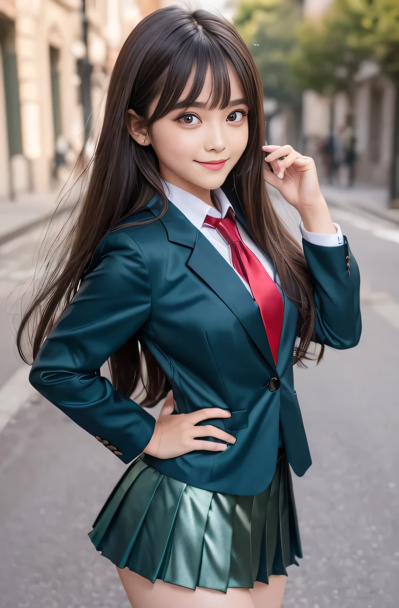 Angelic Very pretty cute young girl,
very beautiful girl,
(V-line jaw),
Beautiful detailed brown eyes, (clear-eyed),
small straight nose,small mouth,
Detailed double eyelids,
(Large eyes:1.3),
Long straight brown hair,
see-through bangs,
beautiful detailed face and eyes,
smiling, in the street,
BREAK
(super shiny metallic dark green blazer:1.3),metallic pearl white school blouse,(shiny metallic bright red neck ribbon tie:1.2),(super shiny metallic dark blue pleated skirt :1.5),(school uniform with super reflective surfaces:1.5),
(Very beautiful cute girl:1.2),
Very pretty cute young girl,
V-line jaw,
Beautiful detailed eyes,
very beautiful girl,
Detailed double eyelids,
(Large eyes:1.3),
Long straight brown hair,
see-through bangs,
beautiful detailed face and eyes,
smiling,
break
(Very beautiful cute girl, Beautiful detailed eyes, Detailed double eyelids:1.3),
(Soft Saturation: 1.3),
(Fair skin: 1.4),
(Large eyes:1.4),
break
Very beautiful cute girl,
Sharp Focus,
brown hair,
Very beautiful cute girl,
Raw photo,
High resolution,
perfect detail,
Professional Photography, Professional Lighting,
strong lighting,
break
(smile:1.6),(5 yo:1.3)