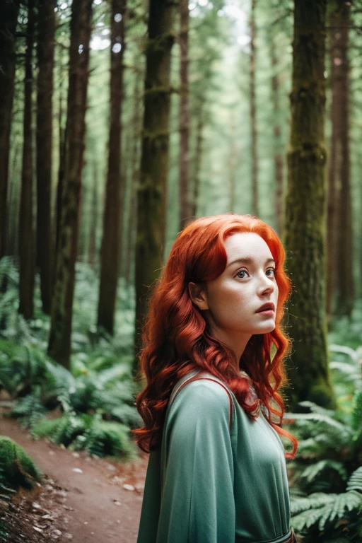 arafed woman with red hair, hyper realistic film photography, in forest