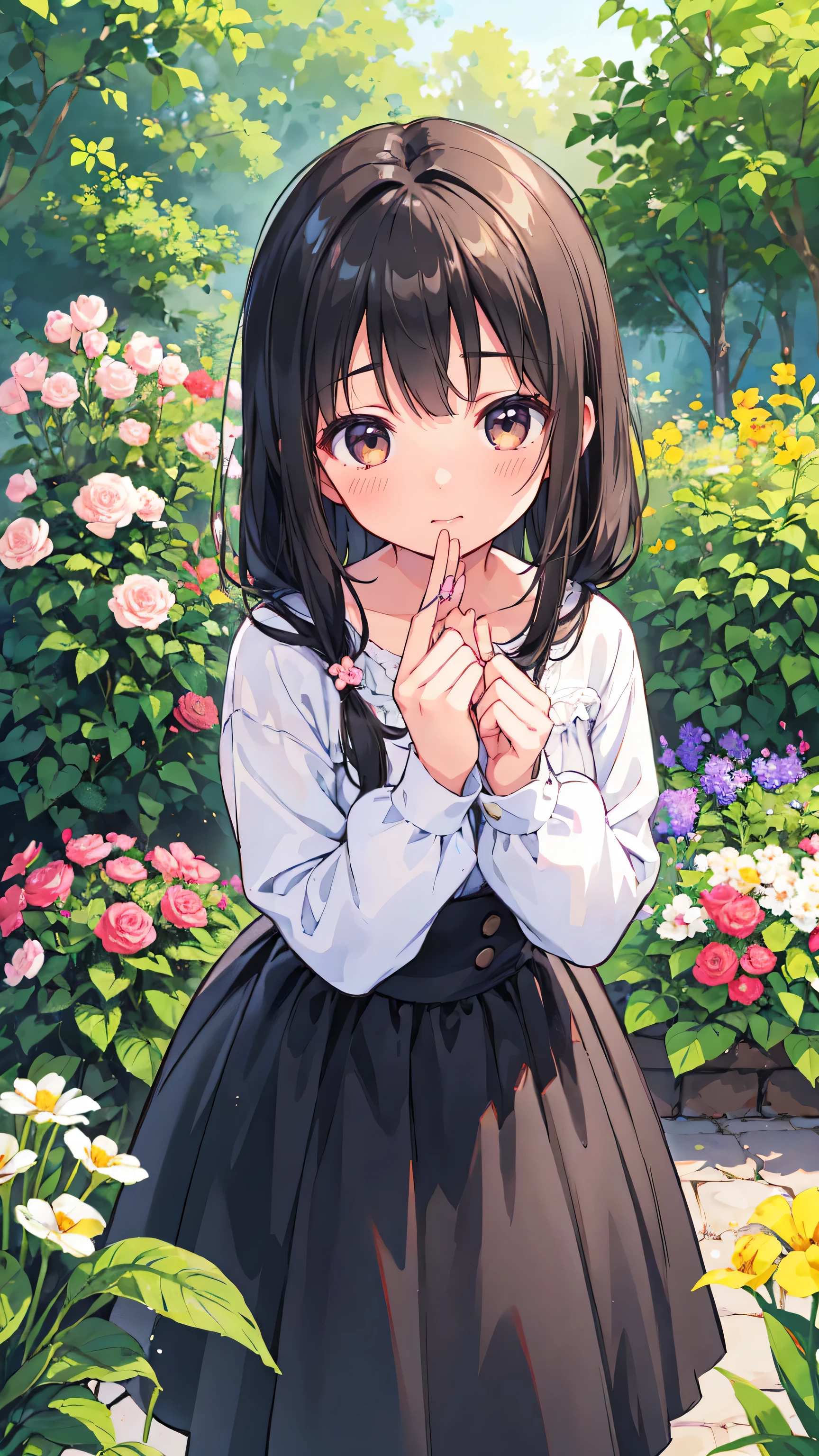 Realistic, One girl, Black Hair, Dark brown eyes, Bright Eyes, Cleft lip, blush, cute, garden, Day, Flowers.