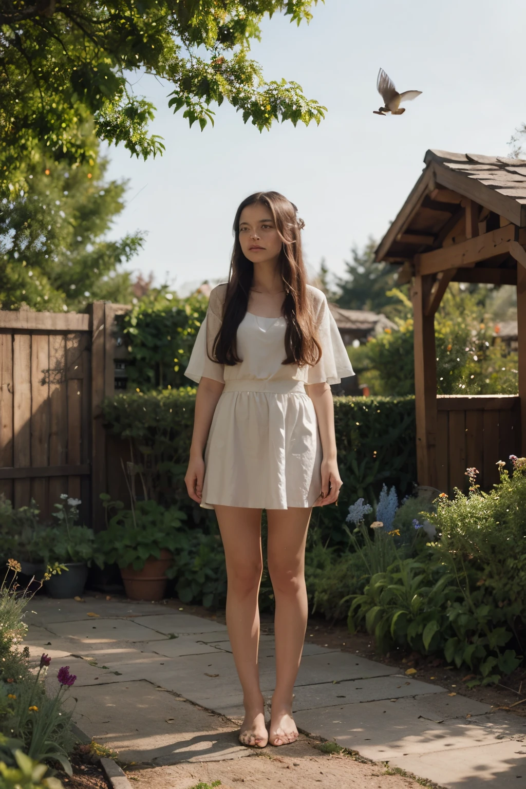 Illustration for a fairy tale about a girl, standing in the garden, who can talk to birds