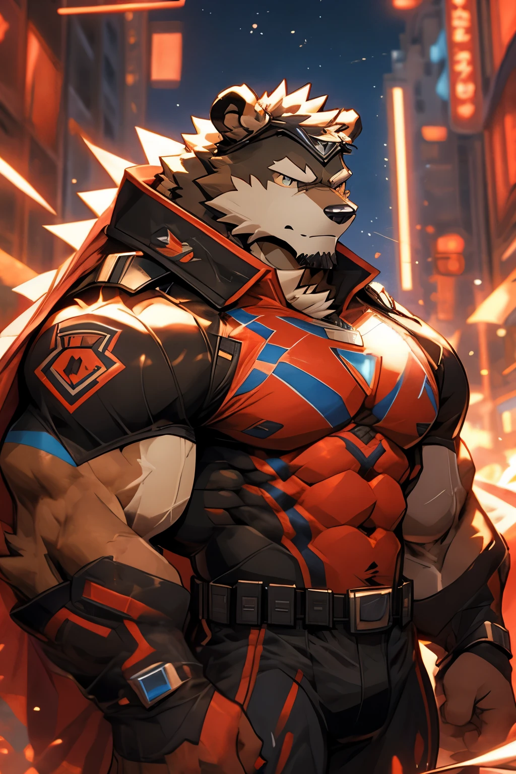 City background,Skyscraper,futuristic city,daytime,Huge muscles,Huge pectoral muscles,Chiseled abdominal muscles,superhero,hero,bodysuit,A furry hero。Huge muscles。(((His hero costume is black and red))),Brown eyes。A furry hero whose presence inspires trust and respect.muslos musculosos huges firmes.full-body shot。