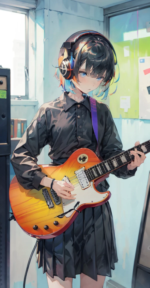 (colorful:1.4), ((masterpiece,best quality)),1girl, solo, black skirt, blue eyes, electric guitar, guitar, headphones, holding, holding plectrum, instrument, long straight hairs, music, one side up, black hair, playing guiter, pleated skirt, black shirt, indoors ,(adult),bangs,(straight on:1.5)