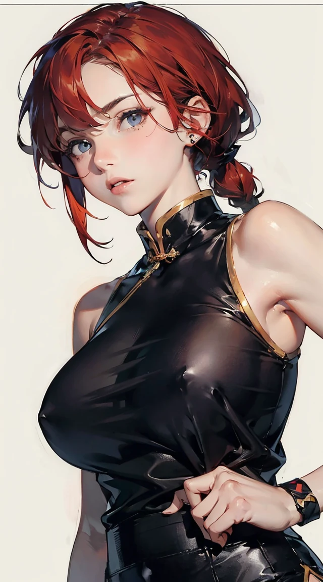 ((masterpiece)), high quality, very_high_resolution, large_filesize, full color, heavy outline, clear outline, colorful, (beautiful detailed eyes), (beautiful face:1.3), (boyish face), 1 girl, (femaleranma), (red hair), short hair, (braided ponytail), ((bangs)), bumpy bangs, blue-gray eyes, big breasts, curvy, black-wristbands, femaleranma, braided ponytail, chinese clothes, sleeveless, tangzhuang, black pants, cameltoe, standing, upper body, front view,