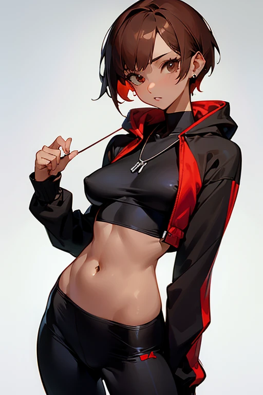 Cute girl in a hoodie、Belly button、Shoulder、slender、Tight clothing、Pixie Cut、Sporty、Grown-up、24-years-old、Red-brown hair、Accentuated breasts、Brown Skin、Earrings、Simple Necklace