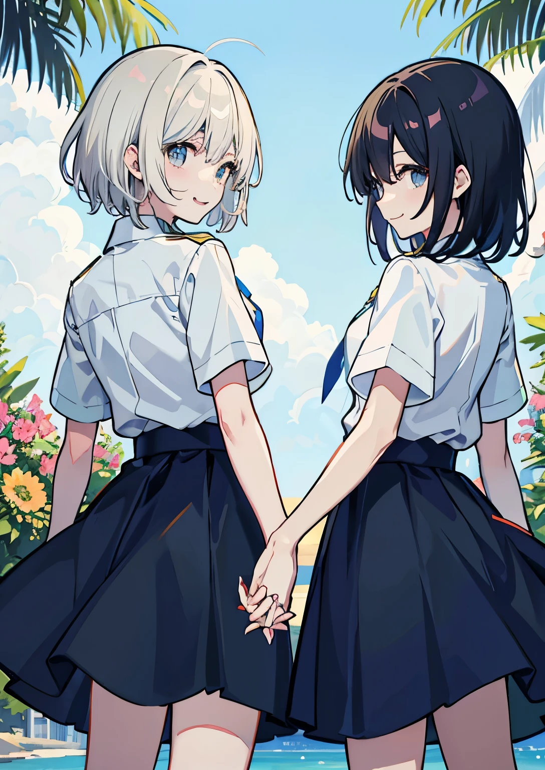 Couple、Back view、Holding hands、Summer sky、Blue Sky Maasy、In uniform、Roll up your uniform sleeves、仲がいいCouple、The best smile、Back view、男女Couple、Summer sunshine、youth、Beige short hair boy、Black Hair Long Hair Girl