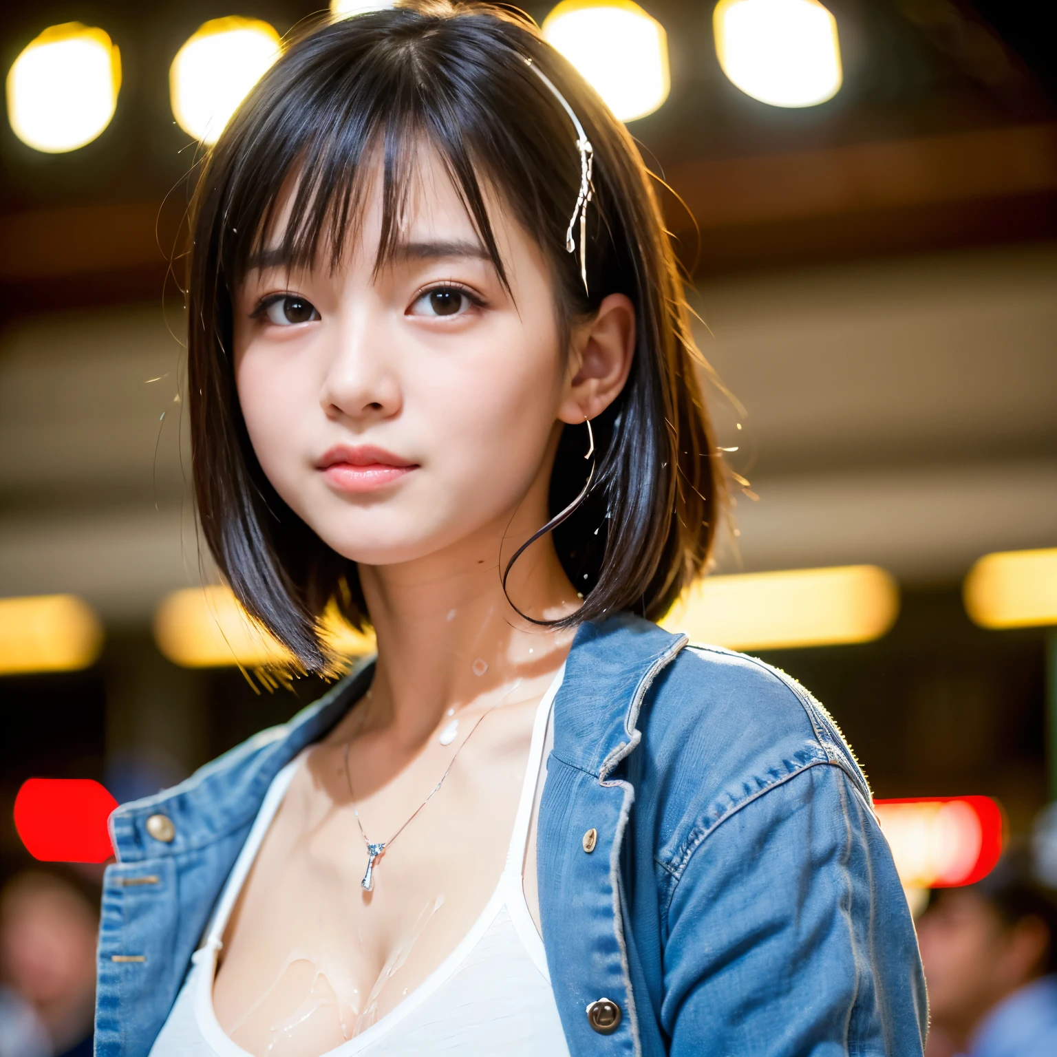 (Best-quality, Masterpiece, Ultra-High-Resolution, (Photorealistic:1.4), Raw Photo, depth of field, professional lighting, perfect anatomy, extremely details), close-up, 1girl, 18-years-old, the most famous Japanese idol, at station, wearing cute clothes, (((detailed orgasm-face):1.25)), looking at viewer