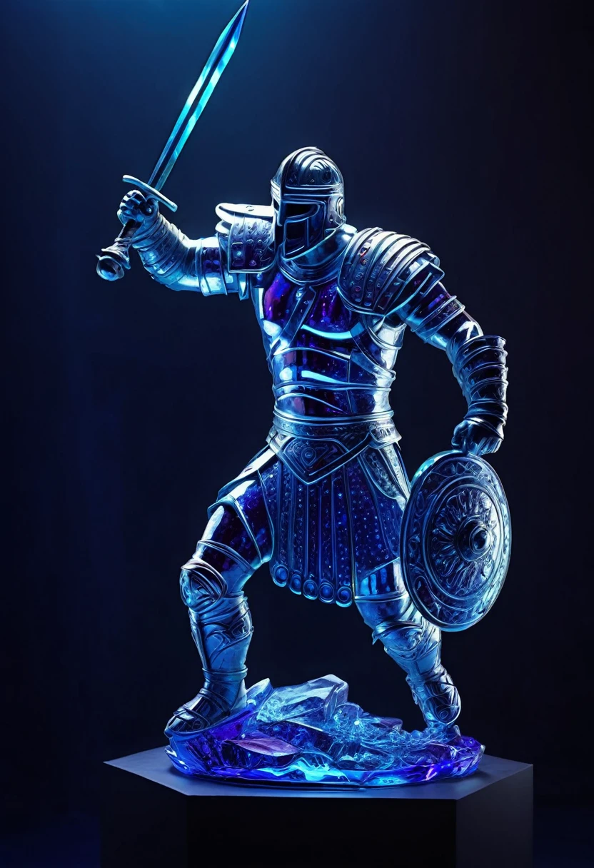 A glass Gladiator sculpture, highlighted by psychedelic color spotlight from different angles, UHD, intricate