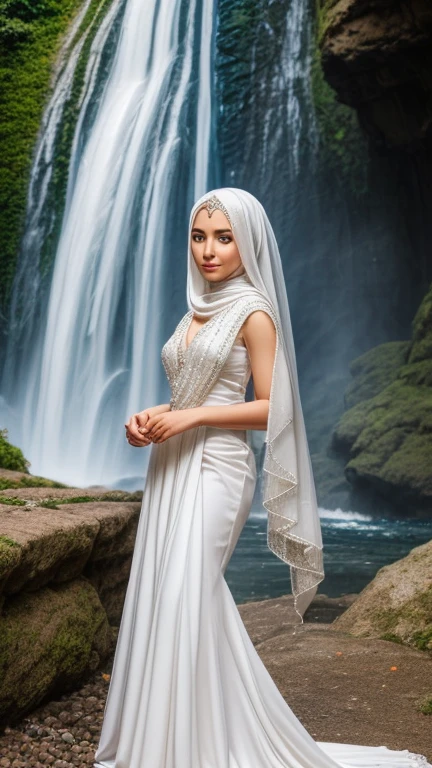 There is a goddess in a white hijab and veil, wear a red saphire necklace, (detailed face), ((an outstanding scene of waterfall in a mystical land as a background)), (detailed detail, ultra sharp, best quality, masterpiece),