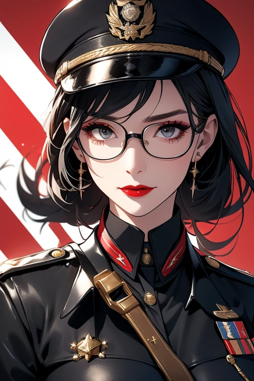 Tall Woman、business suit、Black Hair、uniform,military cap、Medals、Glasseilitary base、Tied up hair、U.S. military bases、Slim military uniform、Lieutenant General、Pistol、Earrings、Tied Hair、Red lipstick、Black Leather Gloves、Commander's Office、Big Breasts