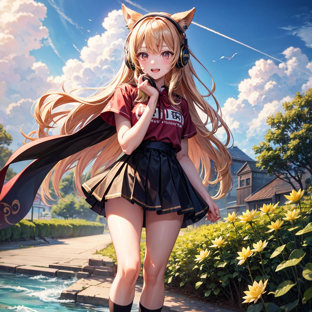 Pink gold golden hair、Golden Eyes、One good looking girl、solo、anime、Checkered mini skirt、Ruffles on the skirt、Red T-shirt、Cape、Gothic、Black knee-high socks、Wearing headphones、Wearing a ribbon、Ribbon on waist、Tilting face、Teeth are visible、Sunset sky、Water Mountain、Piercing the clouds、Contrail、lens、tree、Touching your face、lotus leaves、Cumulonimbus