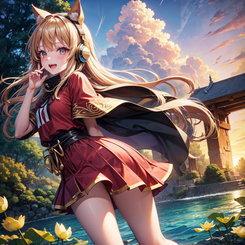 Pink gold golden hair、Golden Eyes、One good looking girl、solo、anime、Checkered mini skirt、Ruffles on the skirt、Red T-shirt、Cape、Gothic、Black knee-high socks、Wearing headphones、Wearing a ribbon、Ribbon on waist、Tilting face、Teeth are visible、Sunset sky、Water Mountain、Piercing the clouds、Contrail、lens、tree、Touching your face、lotus leaves、Cumulonimbus
