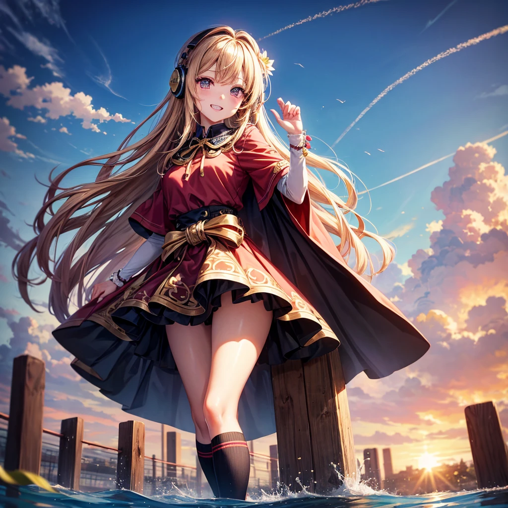 Pink gold golden hair、Golden Eyes、One good looking girl、solo、anime、Checkered mini skirt、Ruffles on the skirt、Red T-shirt、Cape、Gothic、Black knee-high socks、Wearing headphones、Wearing a ribbon、Ribbon on waist、Tilting face、Teeth are visible、Sunset sky、Water Mountain、Piercing the clouds、Contrail、lens、tree、Touching your face、lotus leaves、Cumulonimbus