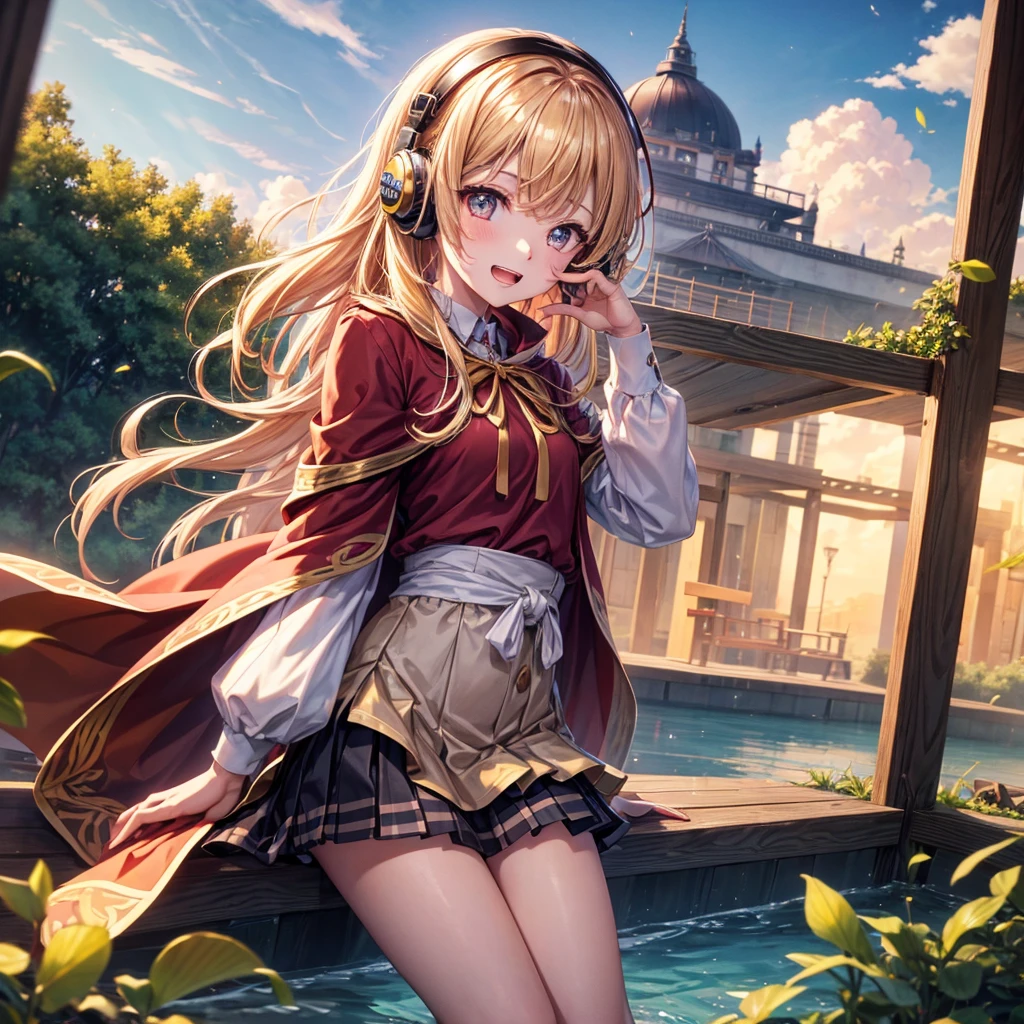 Pink gold golden hair、Golden Eyes、One good looking girl、solo、anime、Checkered mini skirt、Ruffles on the skirt、Red T-shirt、Cape、Gothic、Black knee-high socks、Wearing headphones、Wearing a ribbon、Ribbon on waist、Tilting face、Teeth are visible、Sunset sky、Water Mountain、Piercing the clouds、Contrail、lens、tree、Touching your face、lotus leaves、Cumulonimbus