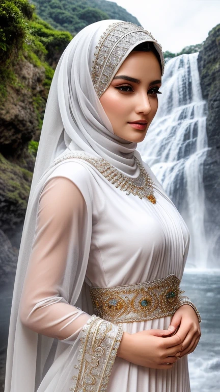 There is a goddess in a white hijab and veil, wear a red saphire necklace, (detailed face), ((an outstanding scene of waterfall in a mystical land as a background)), (detailed detail, ultra sharp, best quality, masterpiece),