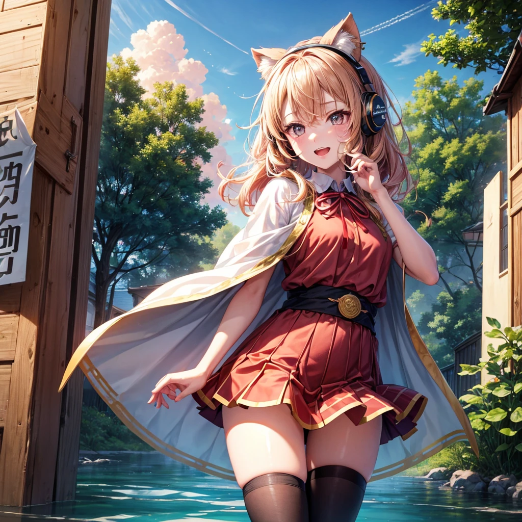 Pink gold golden hair、Golden Eyes、One good looking girl、solo、anime、Checkered mini skirt、Ruffles on the skirt、Red T-shirt、Cape、Gothic、Black knee-high socks、Wearing headphones、Wearing a ribbon、Ribbon on waist、Tilting face、Teeth are visible、Sunset sky、Water Mountain、Piercing the clouds、Contrail、lens、tree、Touching your face、lotus leaves、Cumulonimbus