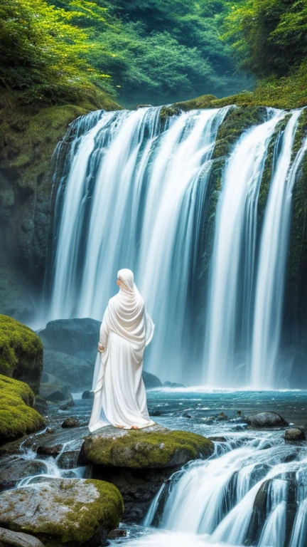There is a goddess in a white hijab and veil walk in the water, wear a saphire necklace, (detailed face), ((an outstanding scene of waterfall in a mystical land as a background)), (detailed detail, ultra sharp, best quality, masterpiece), 