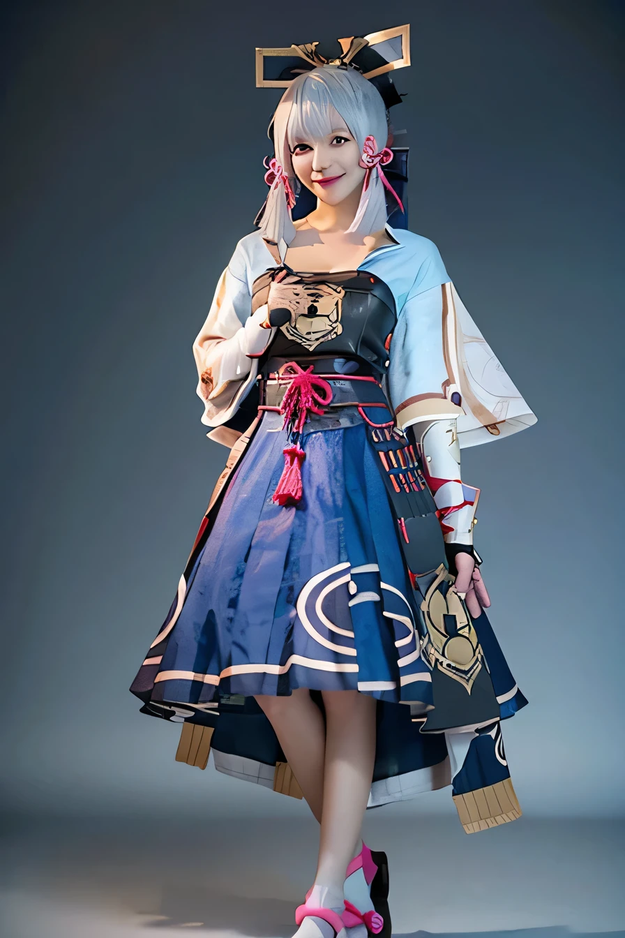 highest quality, masterpiece, Realistic, One girl, alone, Are standing, whole body, View Viewer, smile, Mouth closed, bangs, kamisato Cosplay costume, Cosplay, Light blue hair, Long Hair, ponytail, hair ornaments, ribbon, hair ribbon, kimono, Dress in Armor, Japanese Armor, Arm guard, Fingerless gloves, or, tress ribbon, Sandals, Tassel, Simple Background,