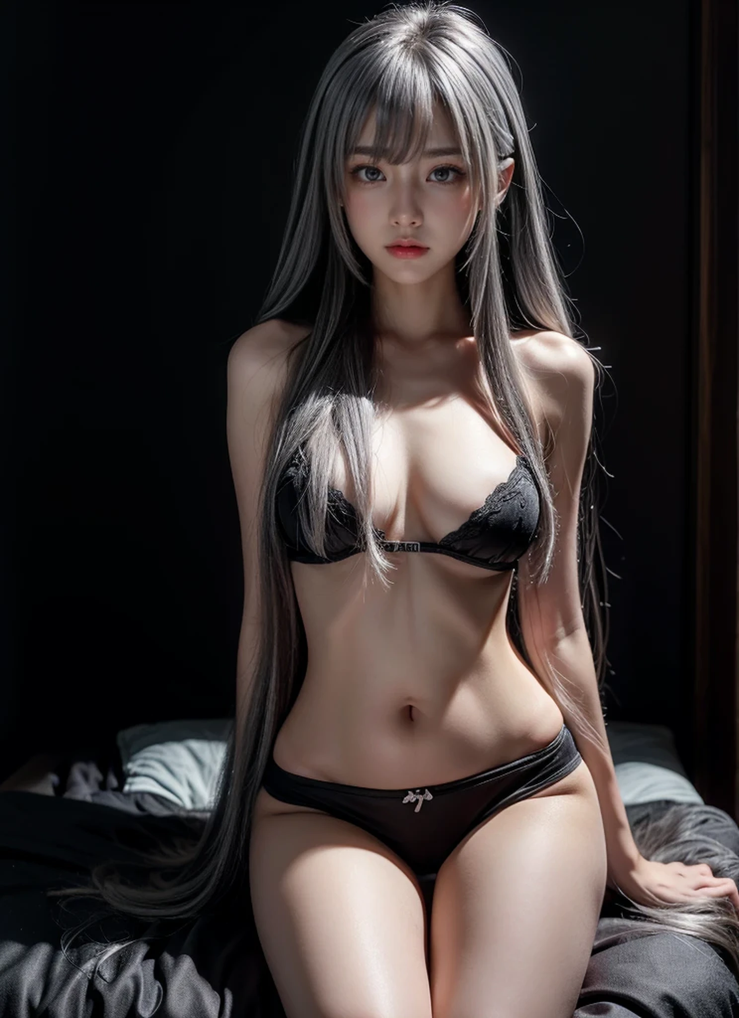 Black underwear,{{Normal position}},{{{Straight hair}}},Open thighs,Sitting on the bed,Almond-shaped eyes,{{{{{Silver Eyes}}}}},{{{{{Blunt bangs}}}}},(Slanted Eyes},{{{Silvery pubic hair}}},{{whole body},{{{1 girl}}}, Long Hair, Straight hair,{{{{Silver Hair}}}},{{{tsurime}}},36 years old,{{{naked}}},{{nude}},{Mid-chest},{{Bush}},Silver Eyes,NSFW,{{{masterpiece}}}, {{{highest quality}}}, {{Very detailed}}, {shape}, {{Very delicate and beautiful}},Very detailed,Detailed perfection,Detailed Hyper,Abundant thighs,Big Ass
