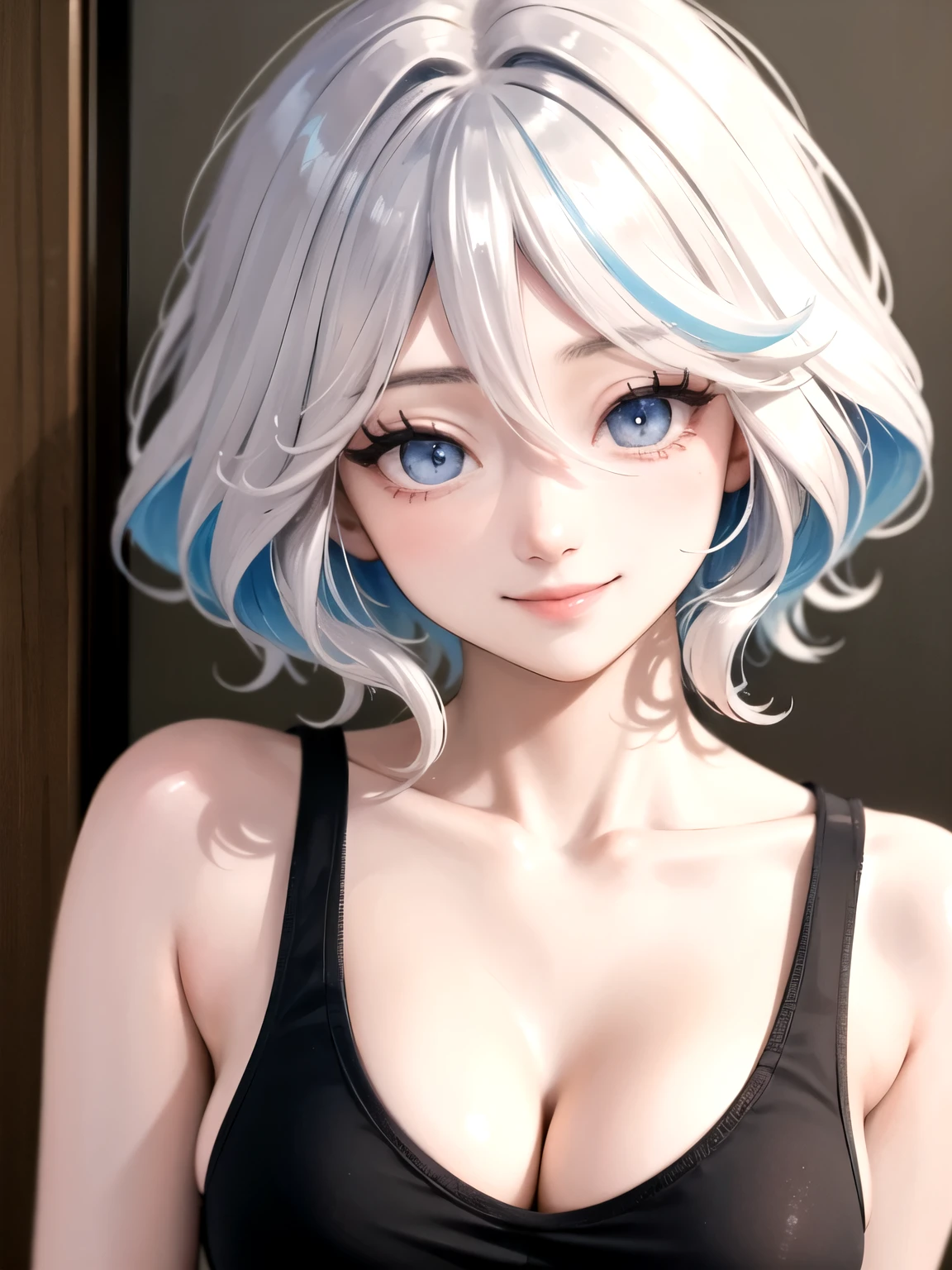 ((best quality)), ((masterpiece)), (detailed), perfect face. Asian girl. Smile. White hair. Tank top. Small breast. Cleavage. Belly.