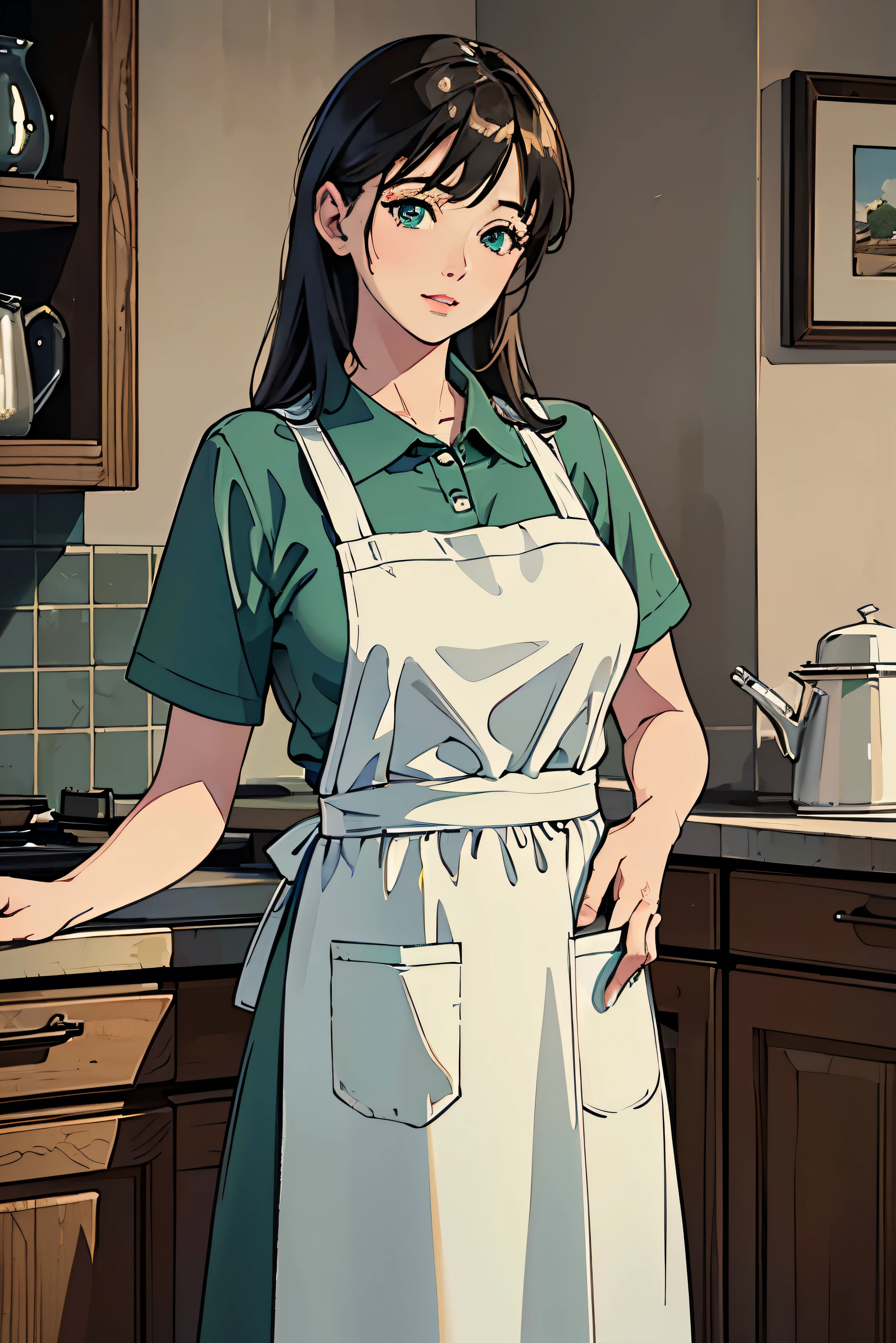 (best quality,4k,8k,highres,masterpiece:1.2),ultra-detailed,(realistic,photorealistic,photo-realistic:1.37),a woman standing in the simple modern kitchen with mint apron, beautiful detailed eyes,