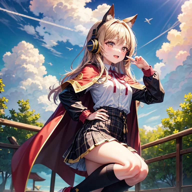 Pink gold golden hair、Golden Eyes、One good looking girl、solo、anime、Checkered mini skirt、Ruffles on the skirt、Red T-shirt、Cape、Gothic、Black knee-high socks、Wearing headphones、Wearing a ribbon、Ribbon on waist、Tilting face、Teeth are visible、Sunset sky、Water Mountain、Piercing the clouds、Contrail、lens、tree、Touching your face、lotus leaves、Cumulonimbus