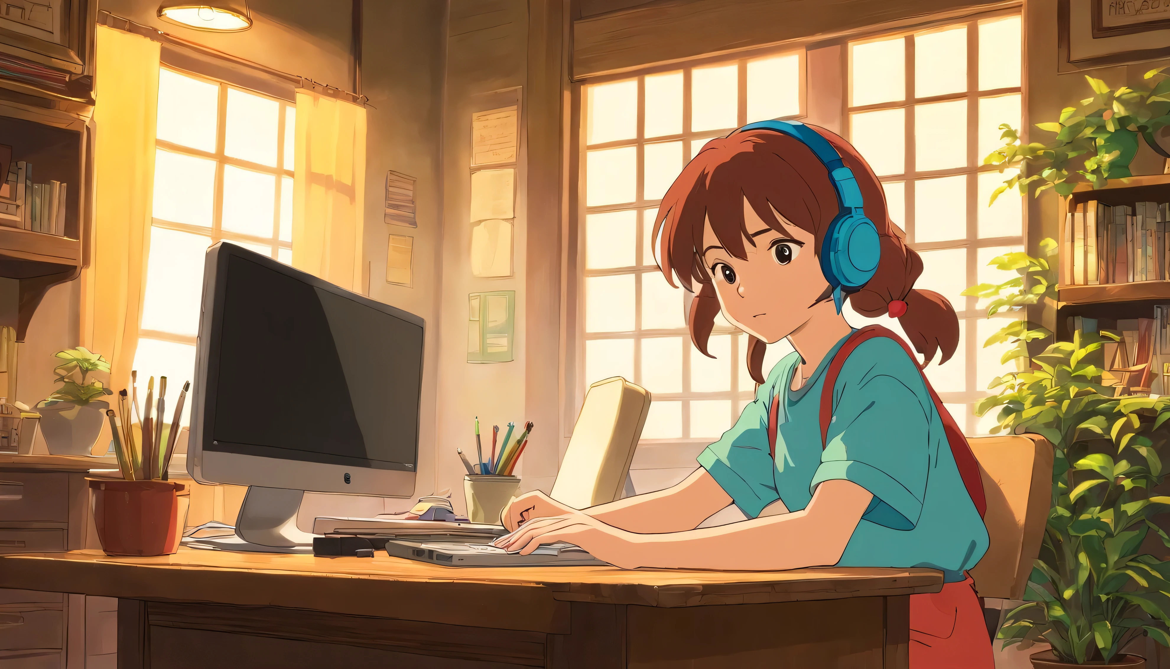 anime character sitting at a desk with headphones on and a laptop, in the art style of 8 0 s anime, style in ghibli anime, satoshi kon anime, satoshi kon artstyle, style in ghibli anime style, inspired by Satoshi Kon, screenshot from the anime film, style of satoshi kon, today's featured anime still, faded, faded!