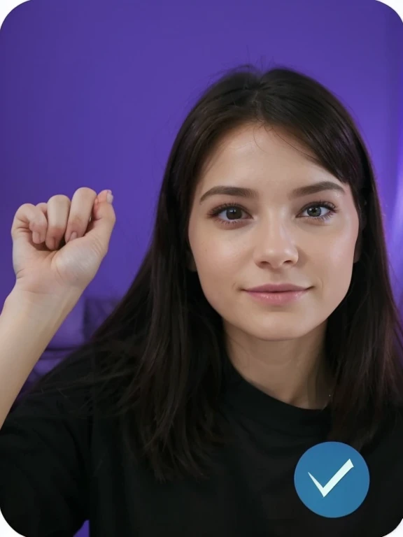 refait cette posture, remplace le fond violet par une chambre avec un lit et une feneter, 4k, Realistic, femme brune avec les cheveux derriere l