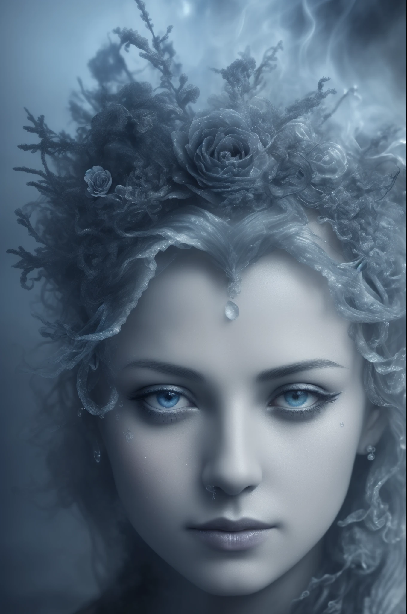 Pen and ink. Queen made of water. (ultra-detailed, CG ,unity ,8k wallpaper),(masterpiece), (realistic), (photorealistic:1.2), (raw photo:1.2), (best quality:1.2), (detailed face :1.4), (beautiful detailed eyes :1.2), The character is surrounded by mist, evoking a mysterious and eerie atmosphere. The lighting is dark and atmospheric, with a blue smoke adding a touch of sinister ambiance. The image is of the best quality, with a resolution of 4k and HDR enhancement, showcasing the utmost level of detail and realism, sfw, full body shot. View from above. (1woman), great composition, best quality, ultra high res, photorealistic,
