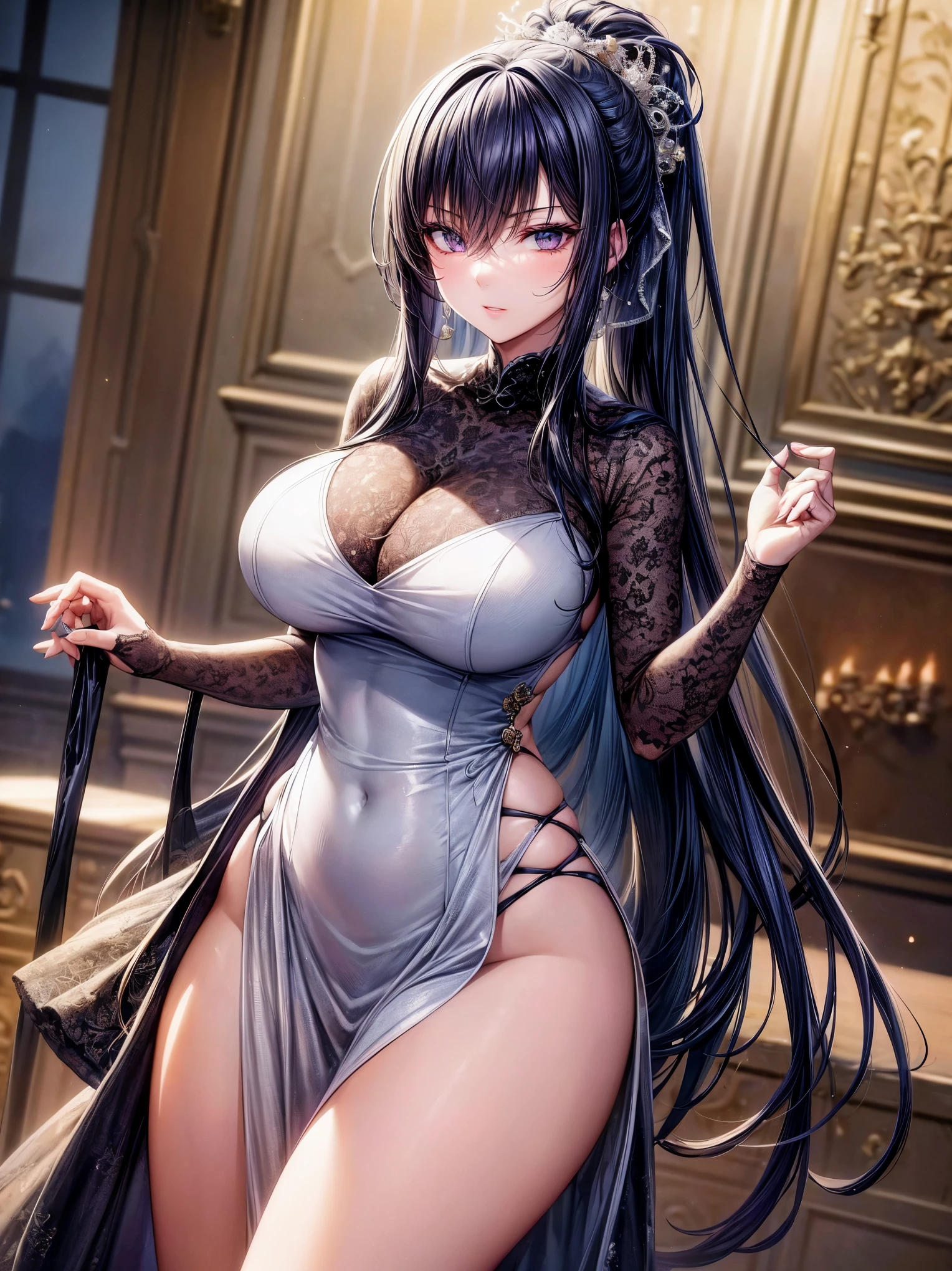 (masterpiece), best quality, highly detailed faces, (SHARP details), 4k, highly detailed, expressive eyes, SHARP detail expressive eyes, (SHARP detail perfect face), long hair, 34 year old woman, standing, modest courtesan dress, indoors, clothed, huge breasts, (mature), voluptuous, (taimanin asagi), modern brothel, ((prostitute)), single flower hair pin, SFW, ponytail, standing, nice hips, solo, dark-blue hair, milf