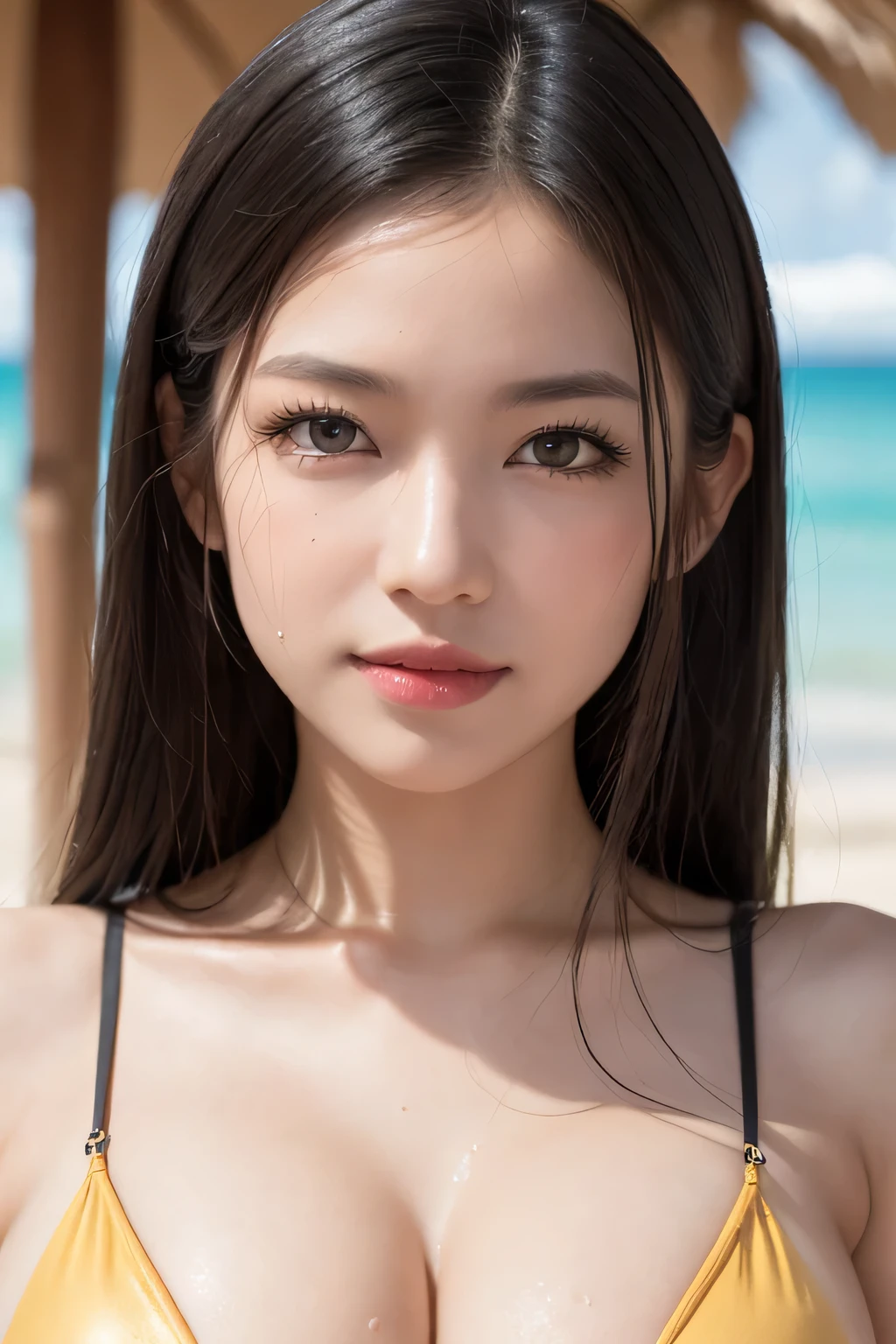 Body portrait, 8K, big and beautiful eyes, clear double eyelids, Dindal effect, masterpiece, top quality, high quality, high resolution, high definition photography, (natural skin texture, fine skin, hyper realism, Super Sharpness), High Detail Skin, (Very Fine, Fine Skin Texture, Intricate Details, Beautiful Face, (Realistic Face), Realistic Eyes, Beautifully Detailed Eyes, Realistic Skin, Beautiful Skin, Surrealistic , High Definition, Golden Ratio, Smiling Eyes, Mole Mouth, Daytime Beach Photography, Under the Sun, Body Portrait, G Cup, Big Breasts, Huge Breasts, Big Breasts, Glamorous, Oily Skin, Shiny Skin, Sexy Bikini, Full Body Shots: 1.5, cleavage, hot body, wet, looking into camera, upscale