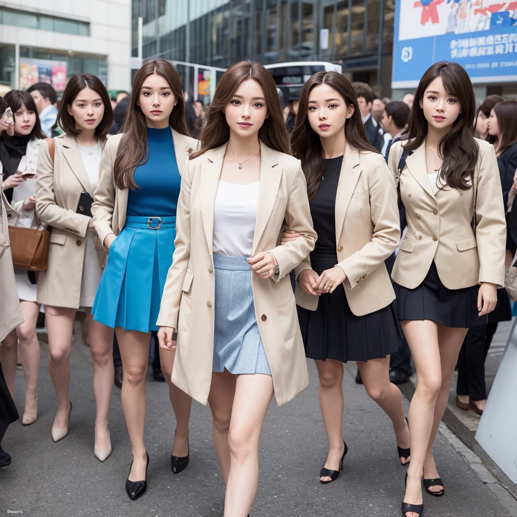 {{,Caucasians}}, looking at viewert, hazel eyes, The is very detailed, medium, brown hair, aerodrome, Stewardeslue blazer, tiese, blue skirtidskirt, pencil skirtlue high heels, cheerfulnesest quality at best, high qulity, extremely detailed anime screencap, {{{crowed, multipel Girls, thousands of sisterillions of sisterillions of sisters, clone, Doppelganger, Match outfitatching hairstyle}}}}, full bodyesbian