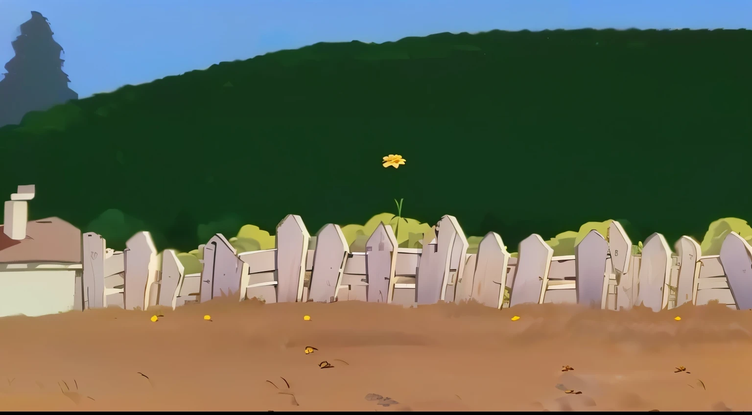there is a cartoon picture of a fence with a flower in it, random background scene, film still from an cartoon, screenshot from game, ultra wide gameplay screenshot, dirt and grawel in air, hills in the background, still frame from the simpsons, animated film still, screenshot from the game, gameplay screenshot, from family guy, field background, animation still screencap